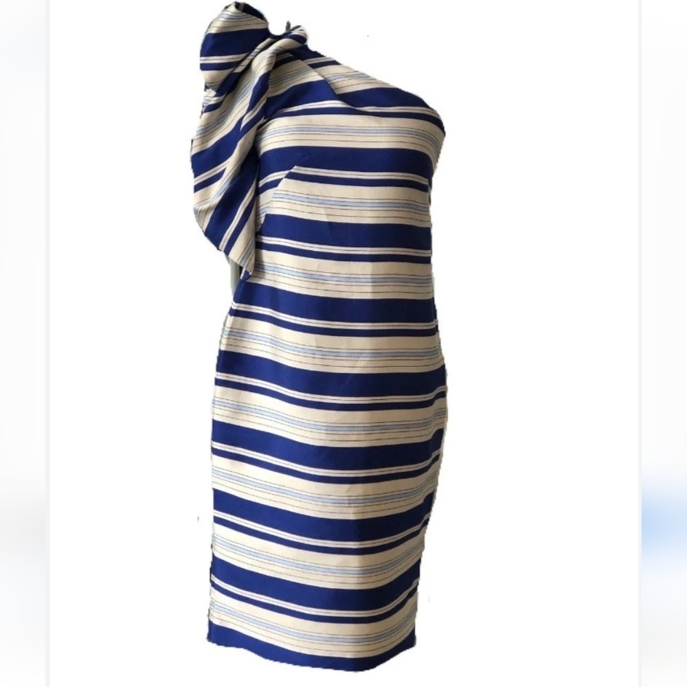 New Banana Republic Size 4 $185 fitted Dress blue Stripe One-Shoulder Bow Lined